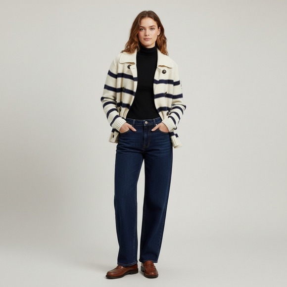 LRL Ralph Lauren Nautical Stripe Double Breasted Cardigan L 100% Cotton Preppy - Picture 2 of 11